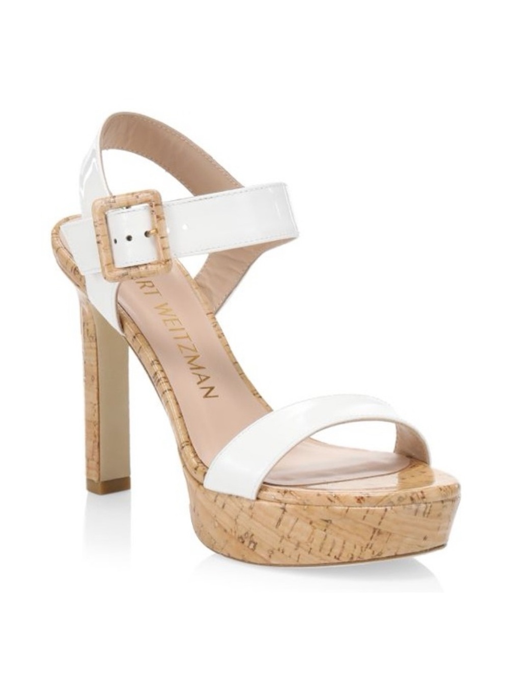 NWT Stuart Weitzman Alesha Size 7 White Patent Cork Platform Heel Sandal